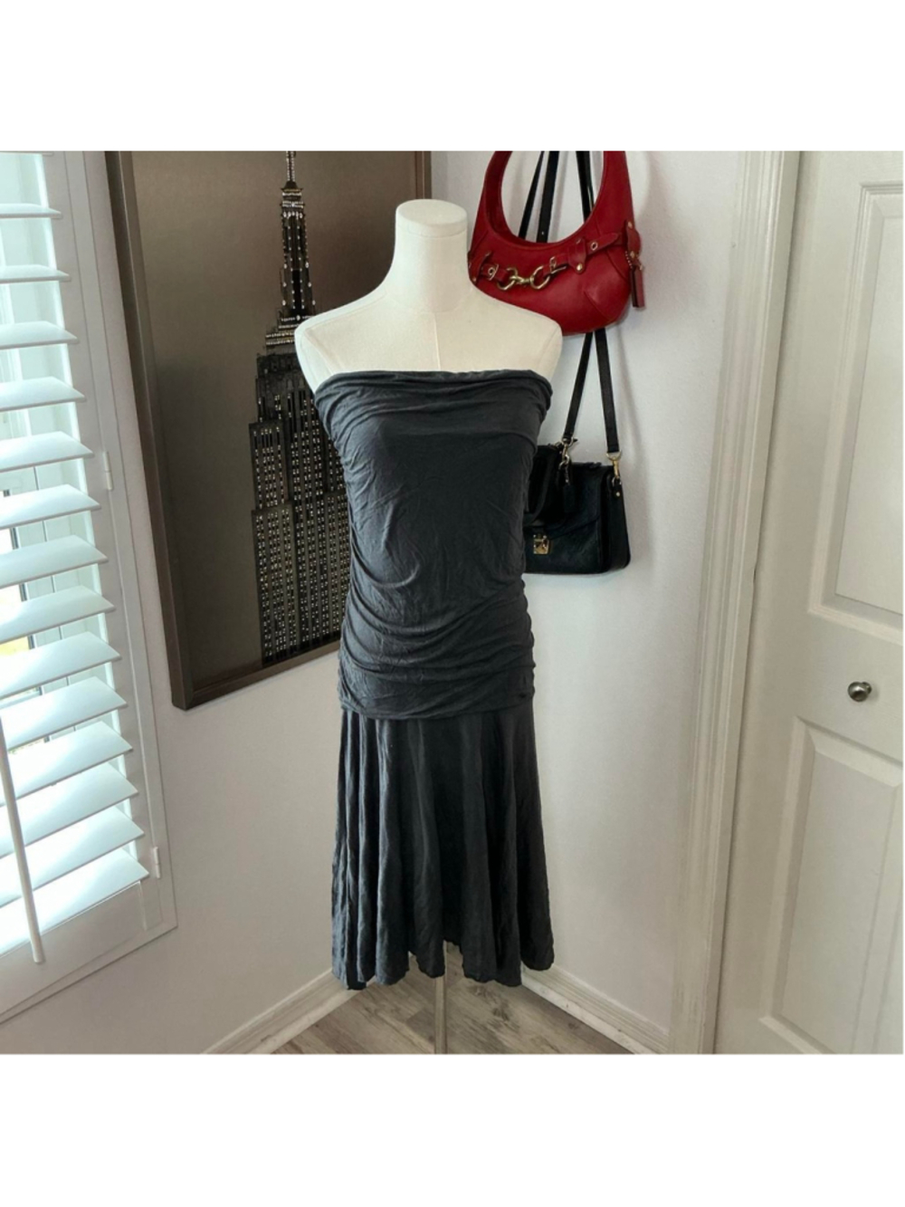 Velvet Gray Strapless Ruched Midi Dress Size M